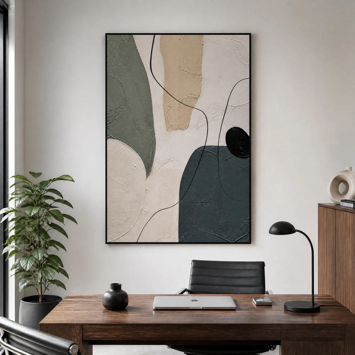 Neutral abstract painting with slate gray forms, sage shapes, beige texture, and black lines