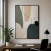 P008-slate-path-neutral-abstract-wall-art-office-2 Neutral abstract painting with slate gray forms, sage shapes, beige texture, and black lines