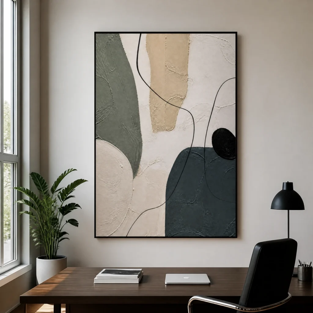 Neutral abstract painting with slate gray forms, sage shapes, beige texture, and black lines
