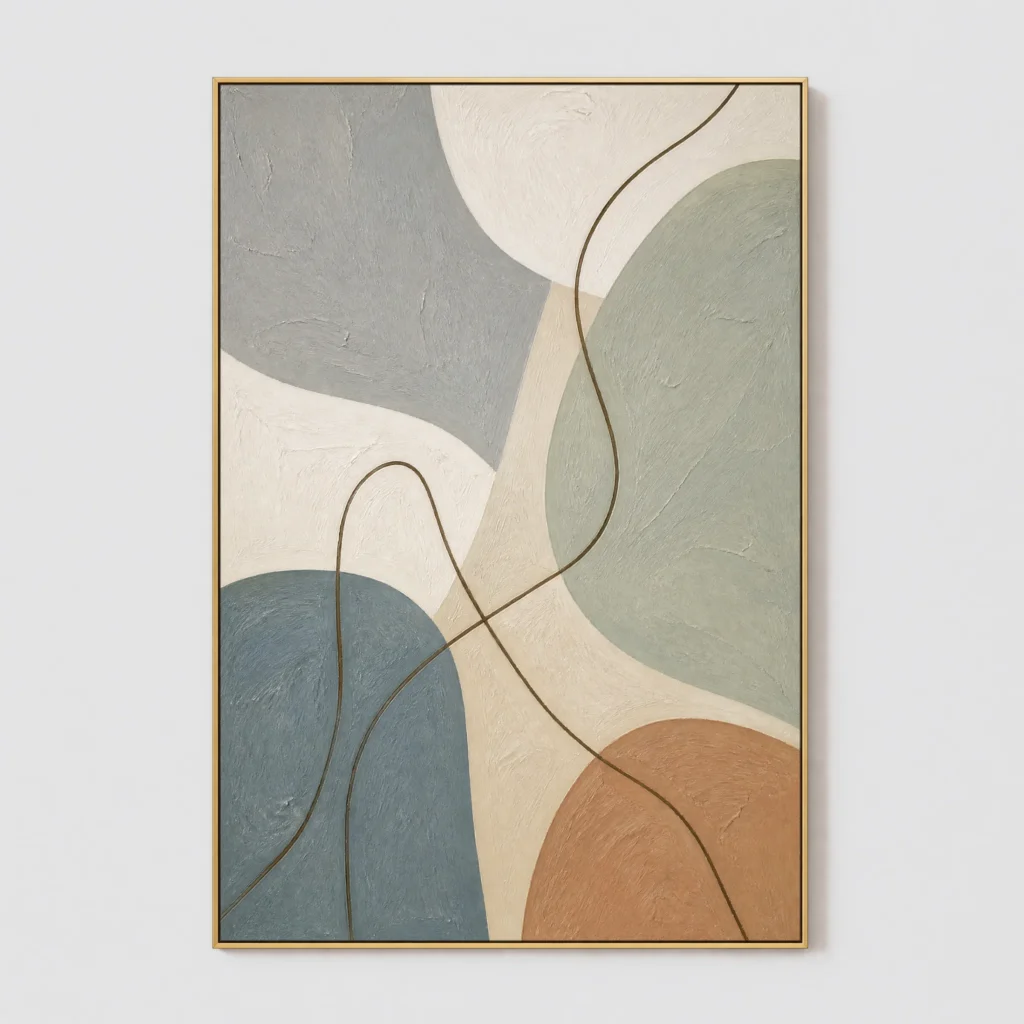 Blue and sage abstract painting with curved brown linework