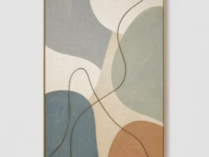 Blue and sage abstract painting with curved brown linework