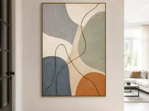 Blue and sage abstract painting with curved brown linework