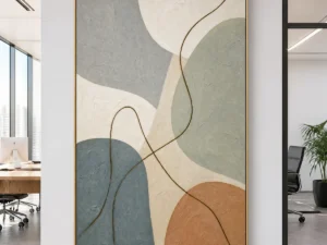 Blue and sage abstract painting with curved brown linework