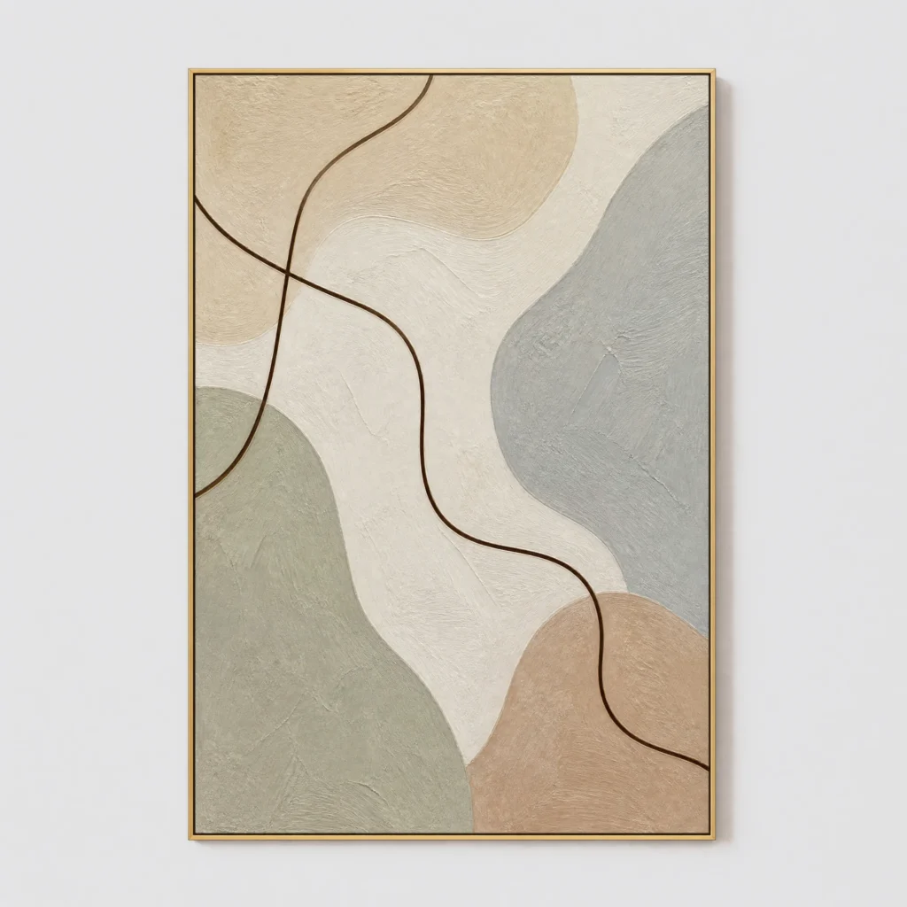 Blue gray minimalist abstract painting with sage forms and brown line