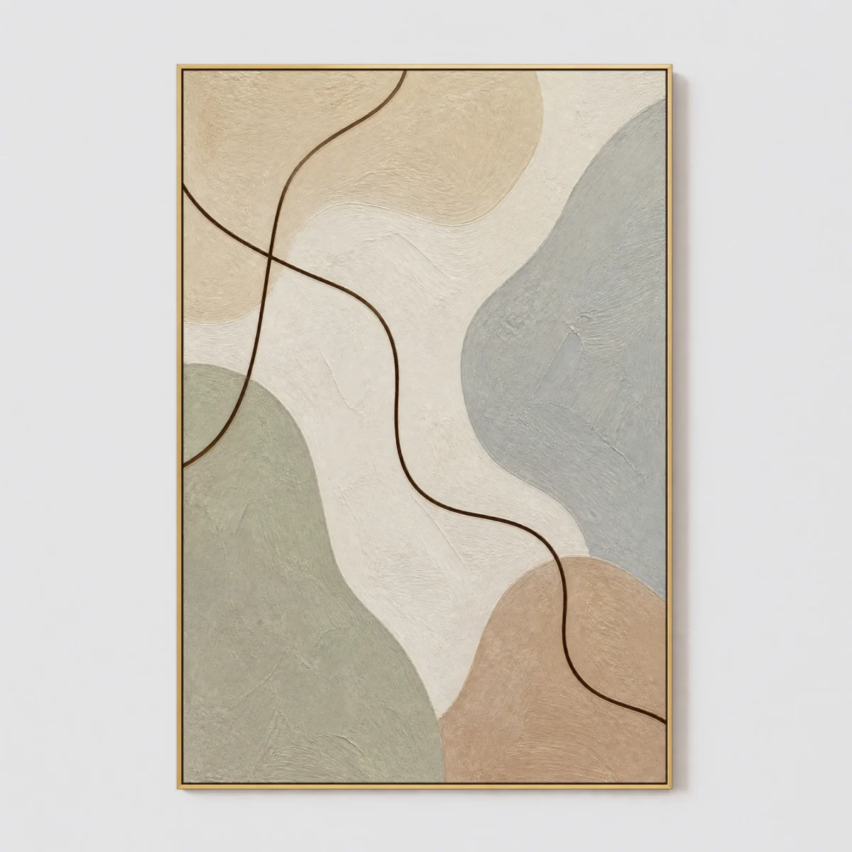 Blue gray minimalist abstract painting with sage forms and brown line