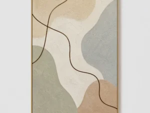 Blue gray minimalist abstract painting with sage forms and brown line