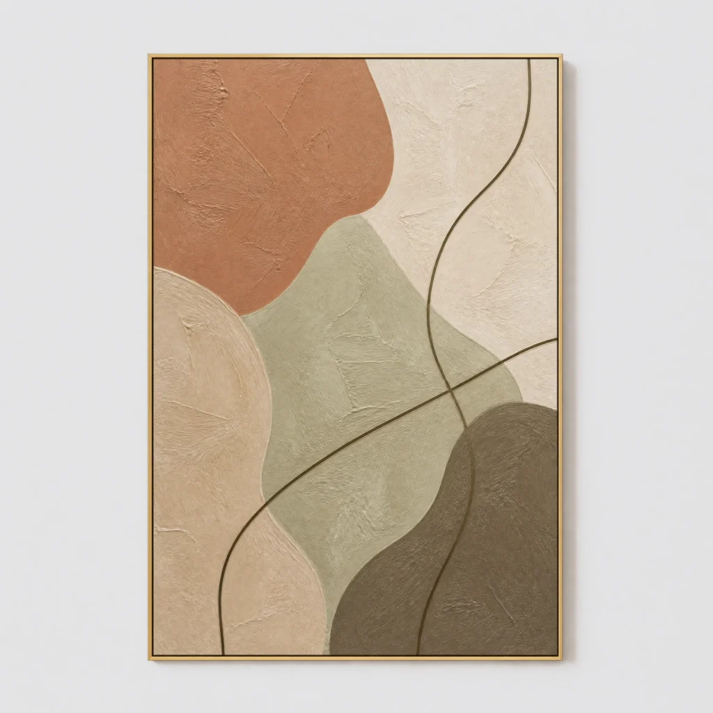 Terracotta abstract painting with sage green shapes and brown curved line