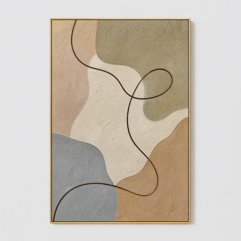Sage green abstract painting with blue gray shape and looping line