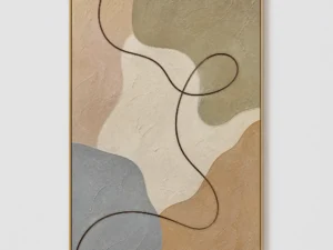 Sage green abstract painting with blue gray shape and looping line