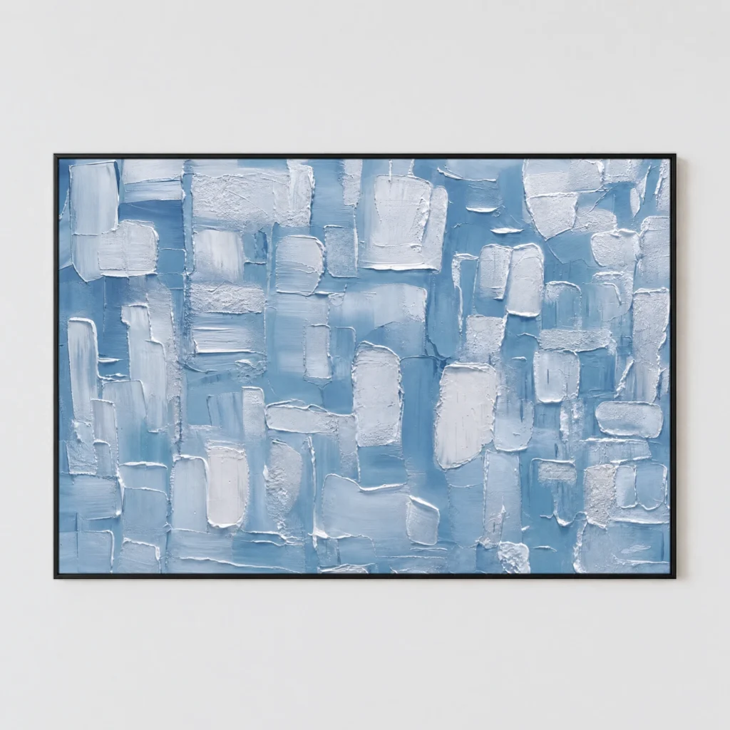 Textured pale blue and white abstract painting with palette knife impasto tiles on canvas