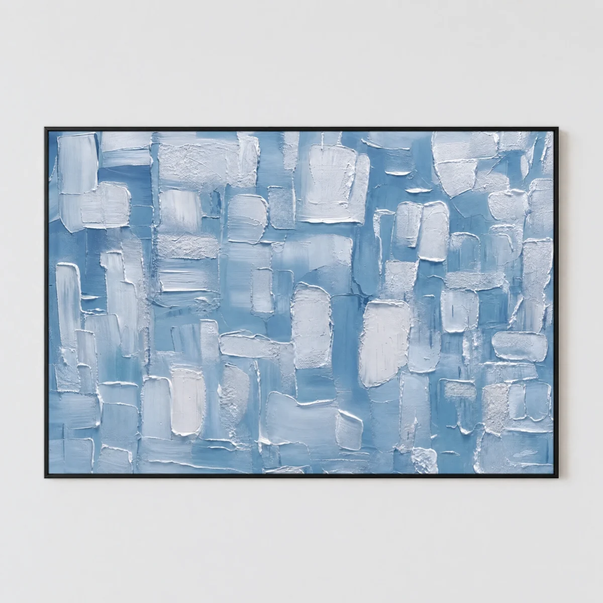 Textured pale blue and white abstract painting with palette knife impasto tiles on canvas