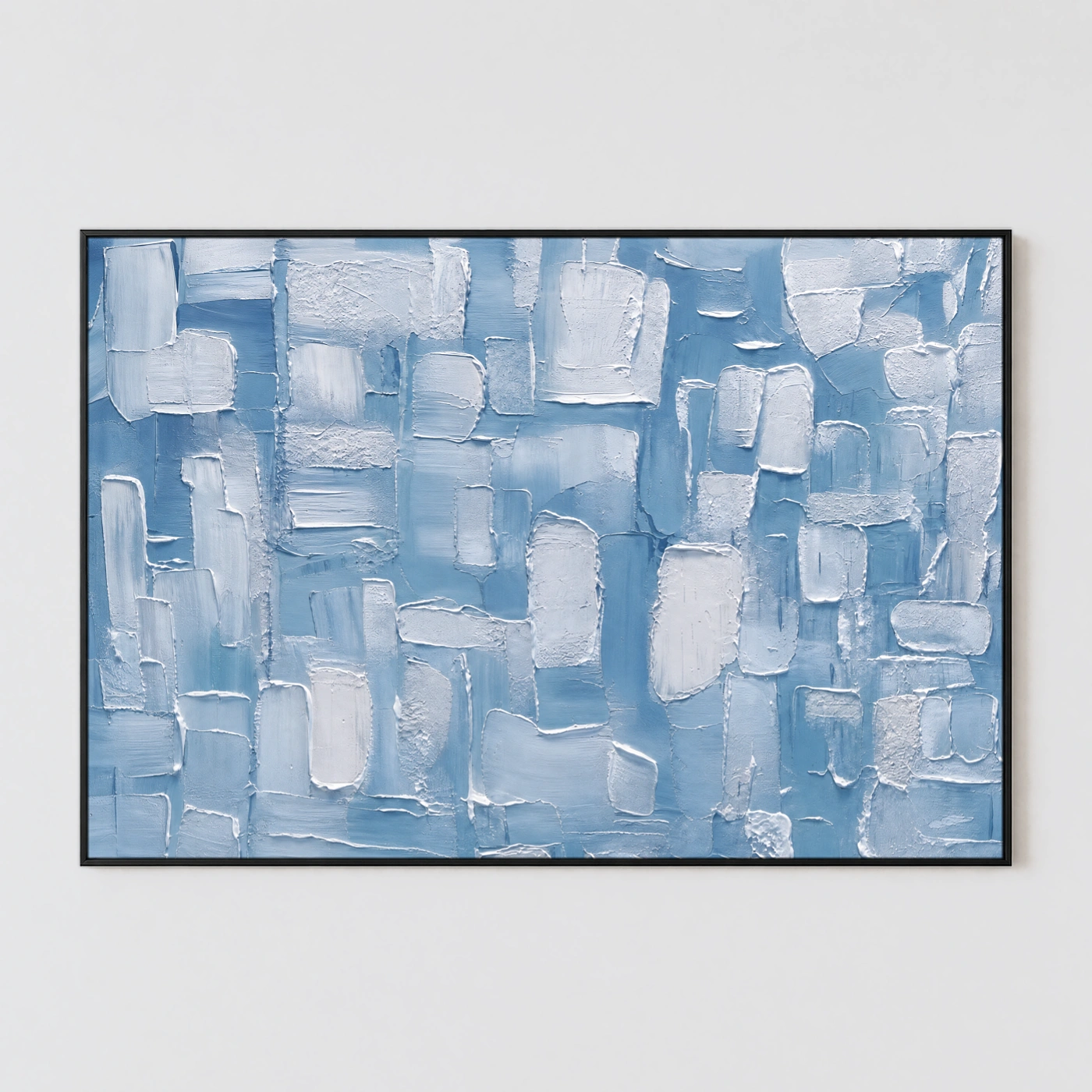 frosted-wall-blue-textured-wall-art-T-3x2-black-frame-pure-wall Textured pale blue and white abstract painting with palette knife impasto tiles on canvas