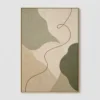 green-turn-sage-green-abstract-wall-art-T-2x3-gold-frame-wall Sage green abstract painting with cream shapes and curved brown line