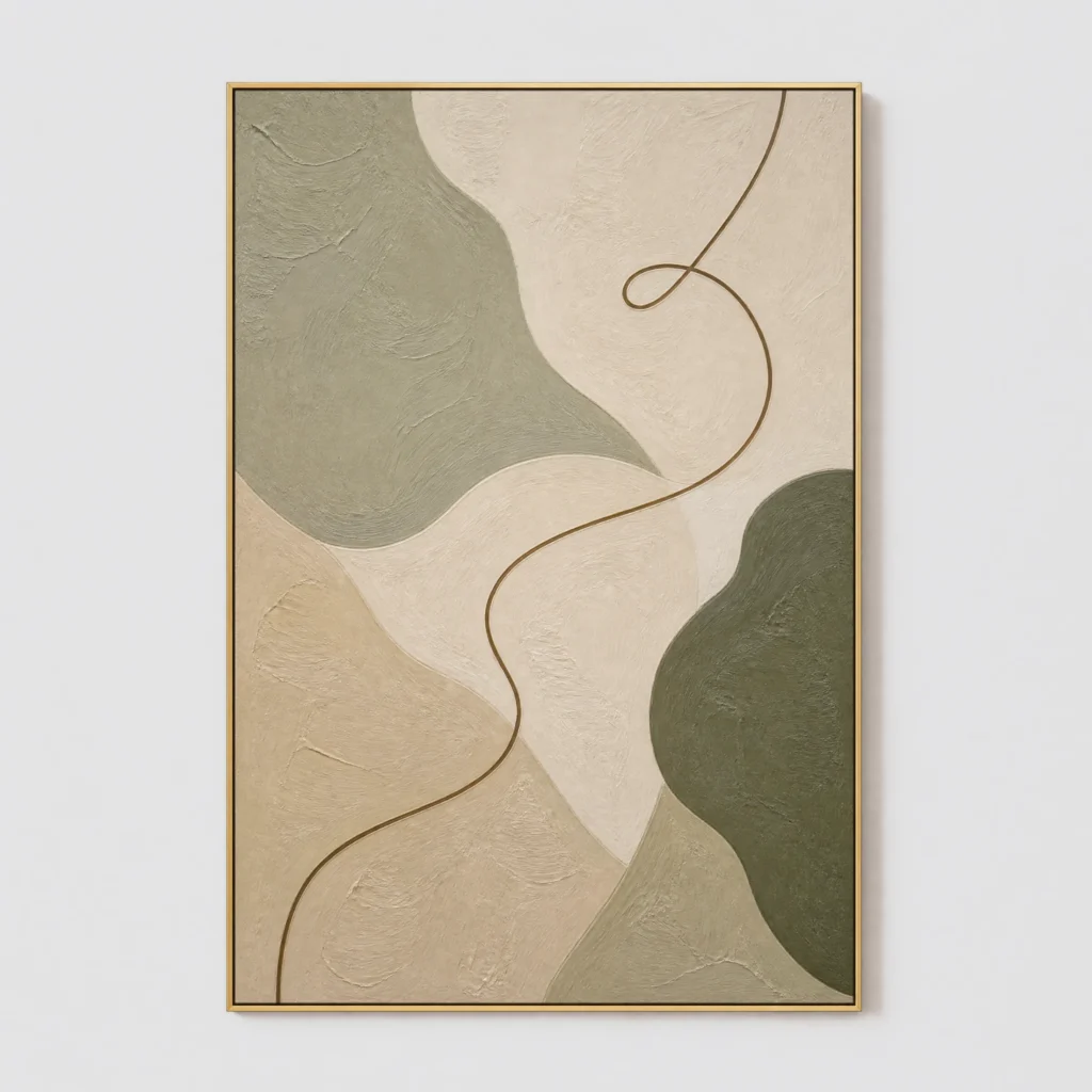 Sage green abstract painting with cream shapes and curved brown line