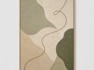 Sage green abstract painting with cream shapes and curved brown line
