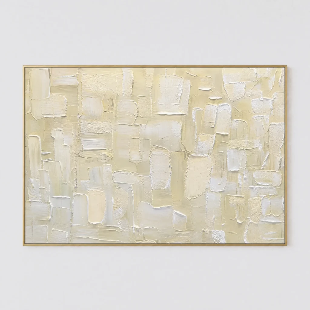 Textured beige and ivory abstract painting with palette knife impasto tiles on canvas
