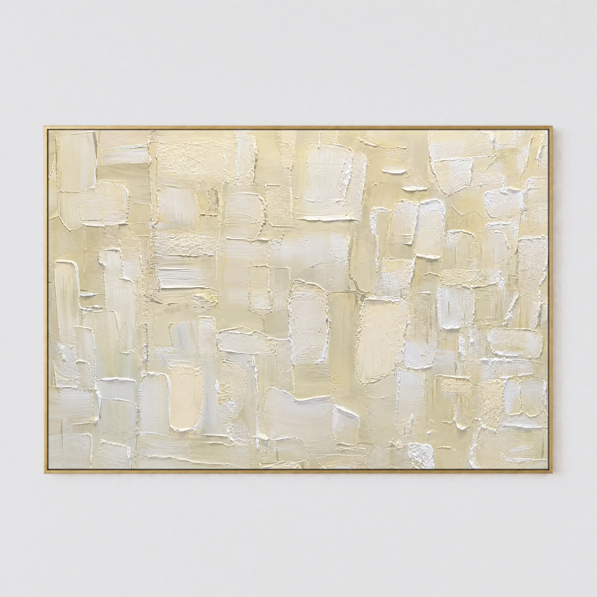 Textured beige and ivory abstract painting with palette knife impasto tiles on canvas