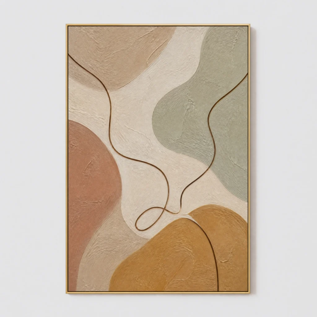 Minimalist abstract canvas with ochre shape and brown looping line