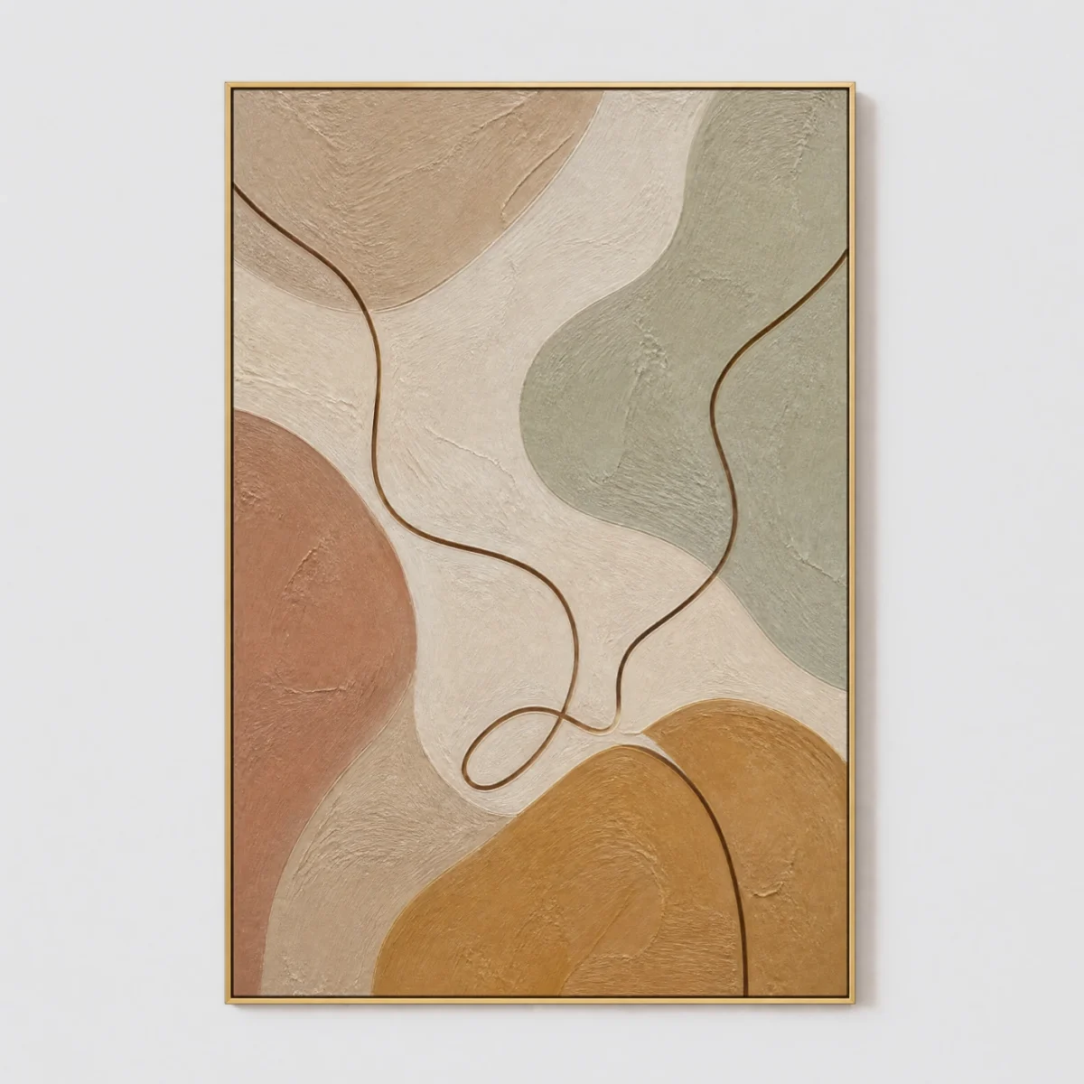 Minimalist abstract canvas with ochre shape and brown looping line