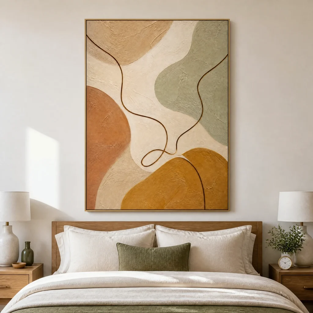 Minimalist abstract canvas with ochre shape and brown looping line