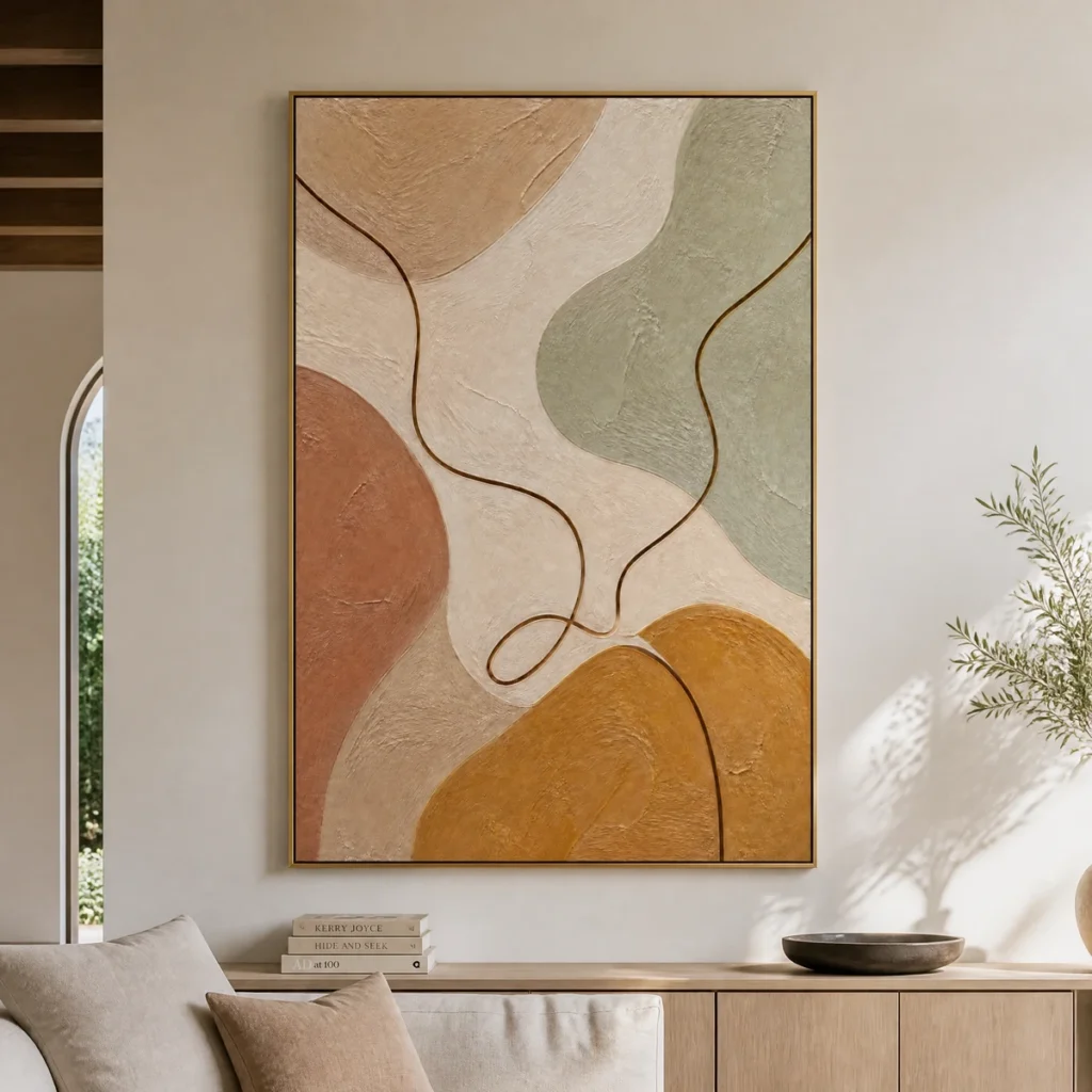Minimalist abstract canvas with ochre shape and brown looping line