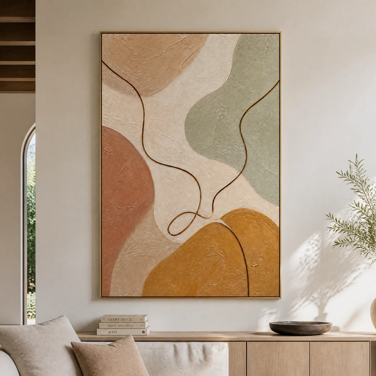 Minimalist abstract canvas with ochre shape and brown looping line