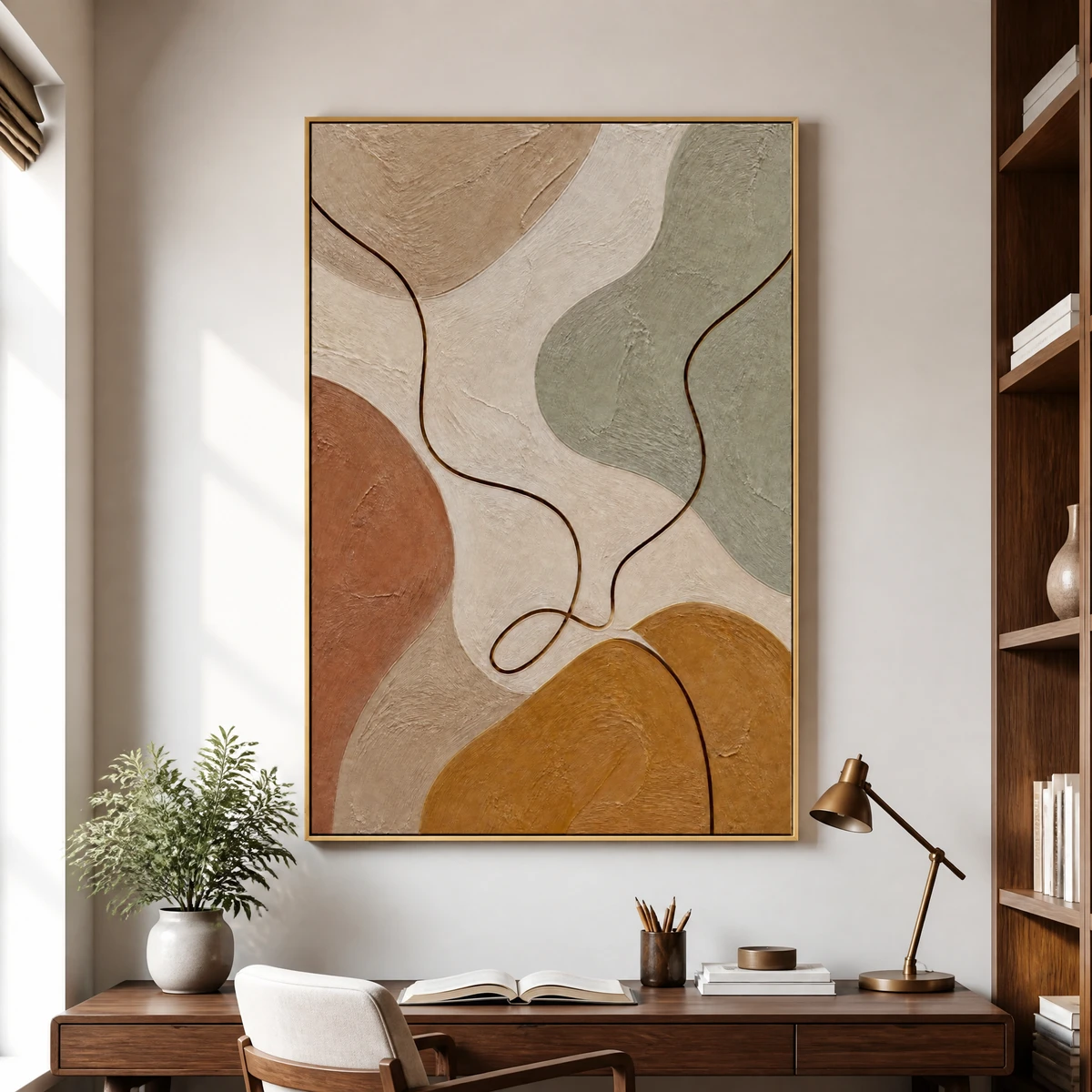 Minimalist abstract canvas with ochre shape and brown looping line