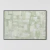 Textured sage green and white abstract painting with palette knife impasto tiles on canvas