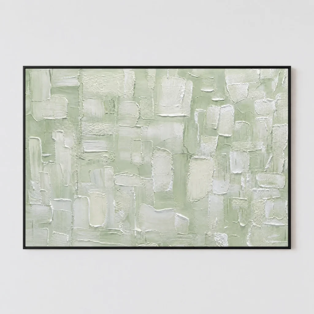 Textured sage green and white abstract painting with palette knife impasto tiles on canvas