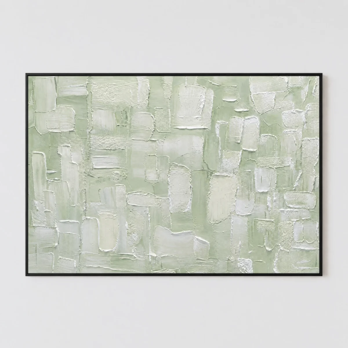 Textured sage green and white abstract painting with palette knife impasto tiles on canvas