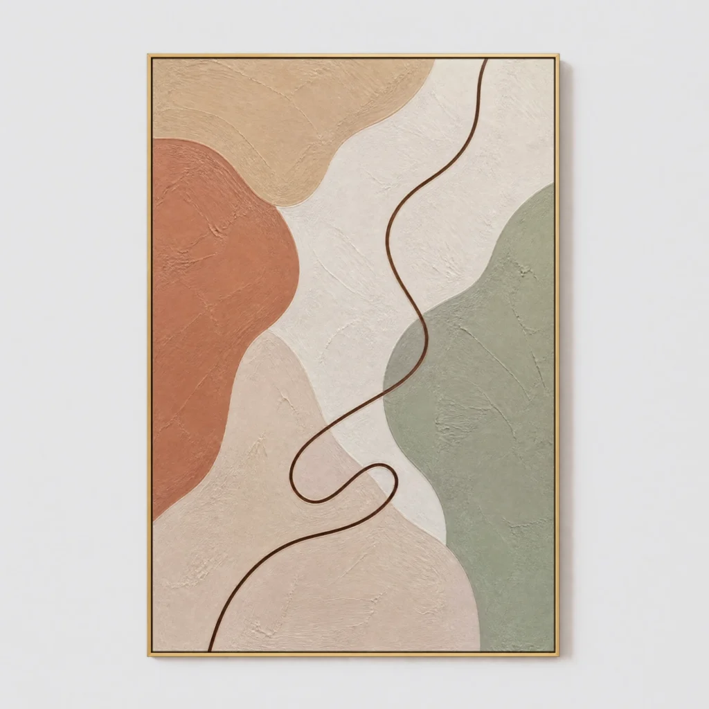 Neutral abstract painting with terracotta shapes and flowing brown line