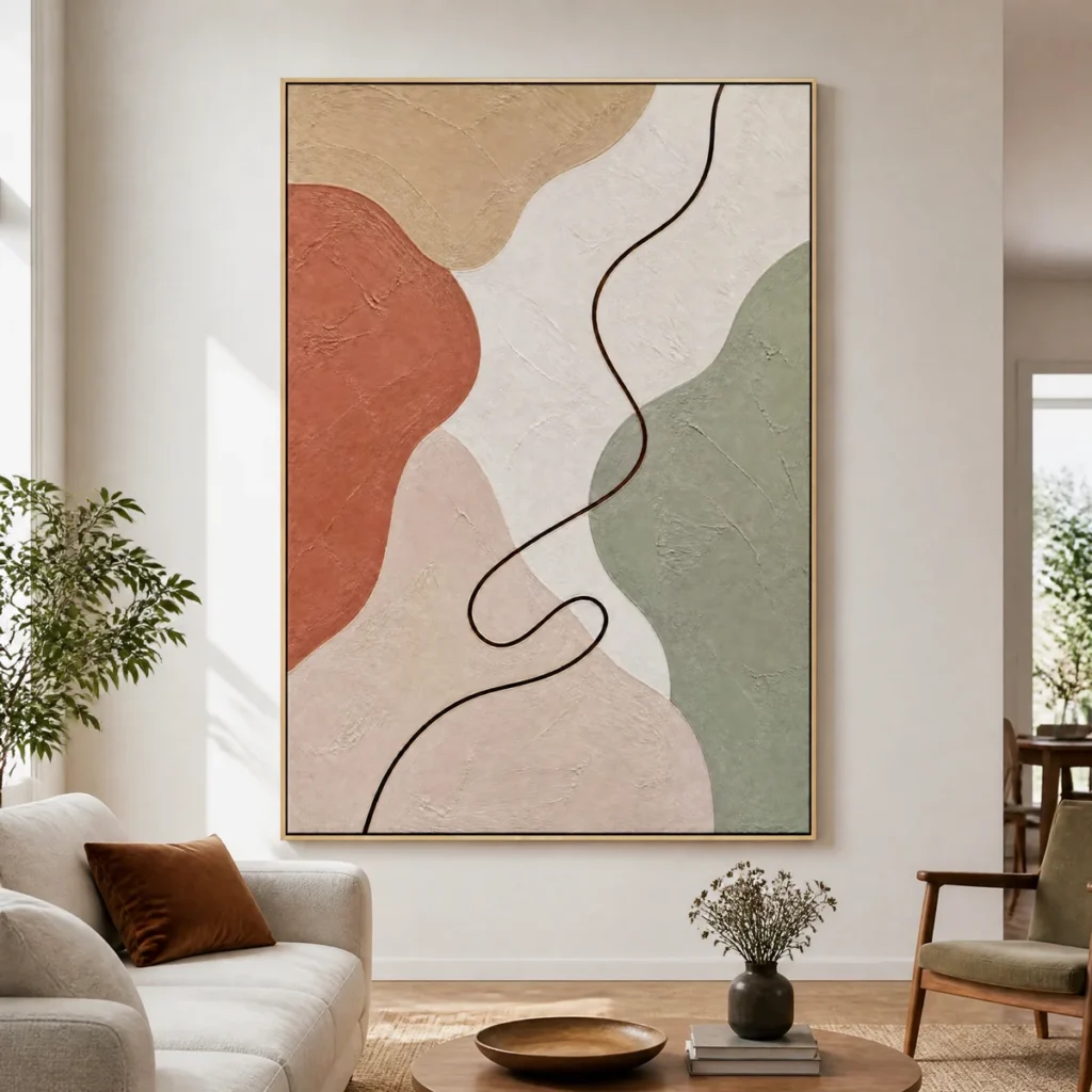 Neutral abstract painting with terracotta shapes and flowing brown line