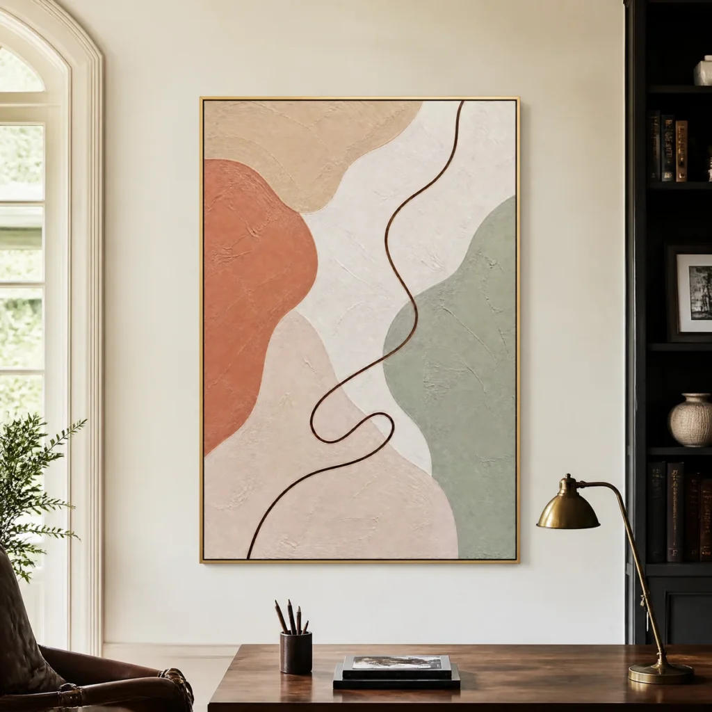 Neutral abstract painting with terracotta shapes and flowing brown line