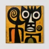 black-ochre-sentinel-mid-century-wall-art-T-1x1-gold-frame-wall Black geometric abstract figure on textured ochre yellow canvas