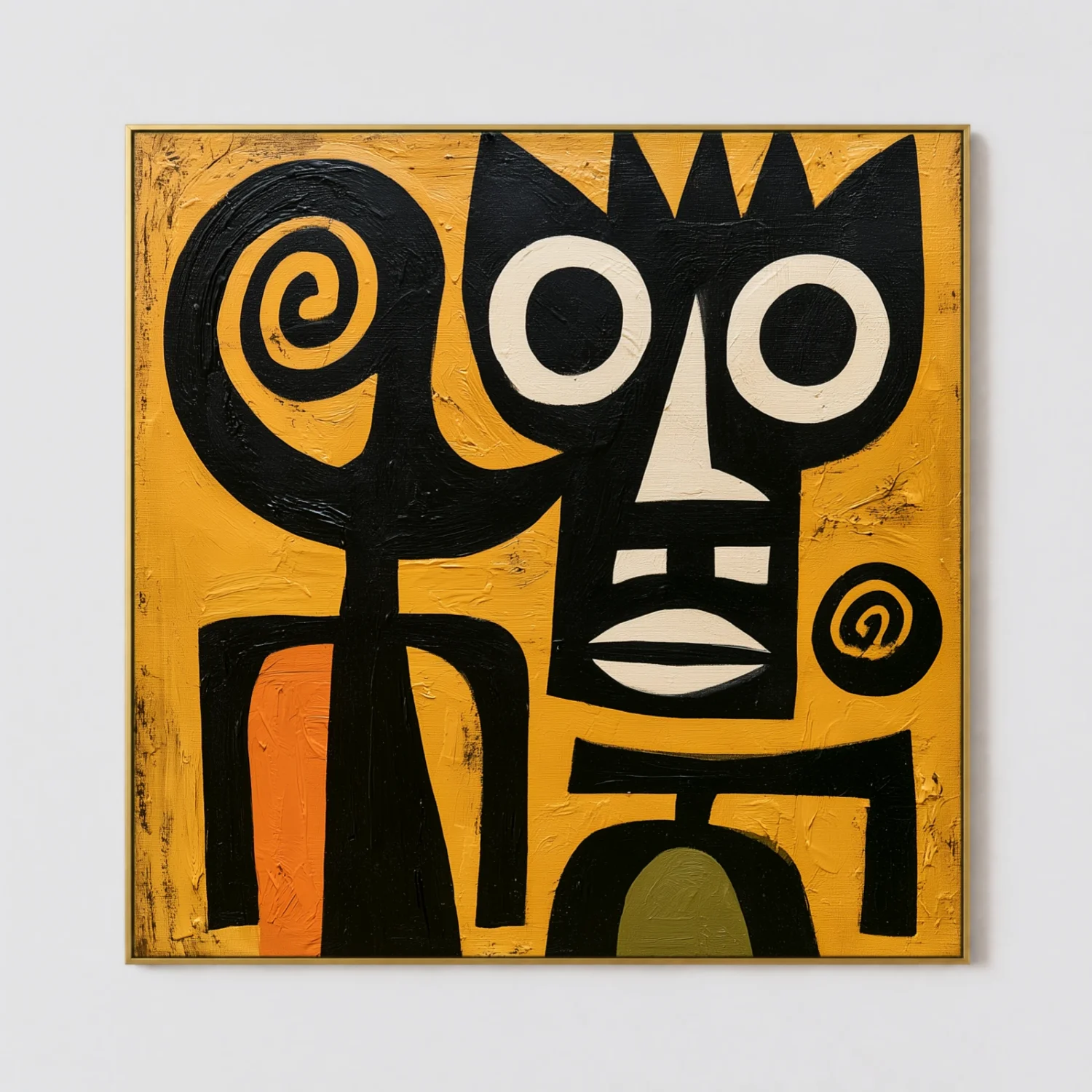 black-ochre-sentinel-mid-century-wall-art-T-1x1-gold-frame-wall Black geometric abstract figure on textured ochre yellow canvas