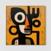 circle-guardian-boho-figurative-wall-art-T-1x1-gold-frame-wall Black primitive figure with circular eye forms and orange center on ochre canvas