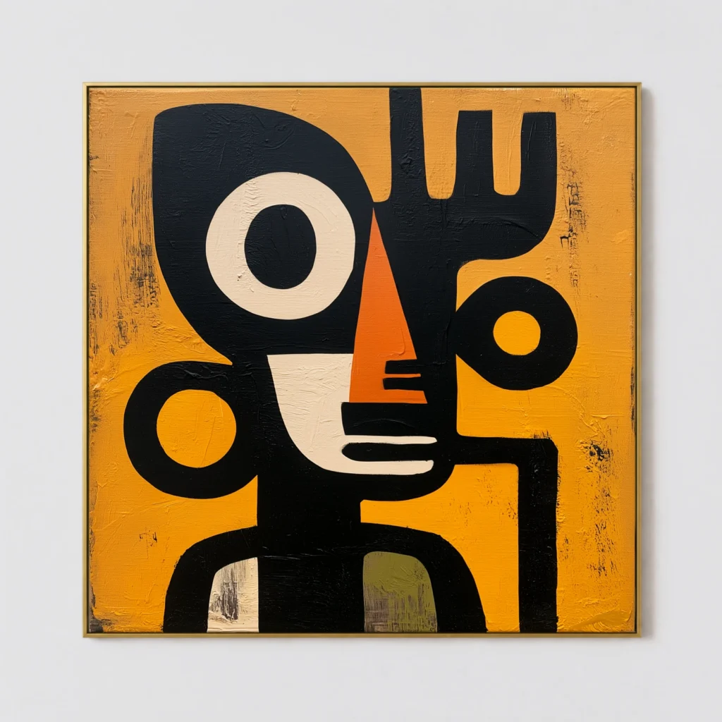 Black primitive figure with circular eye forms and orange center on ochre canvas