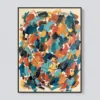 Turquoise and coral abstract oil painting with navy marks and a brown loop