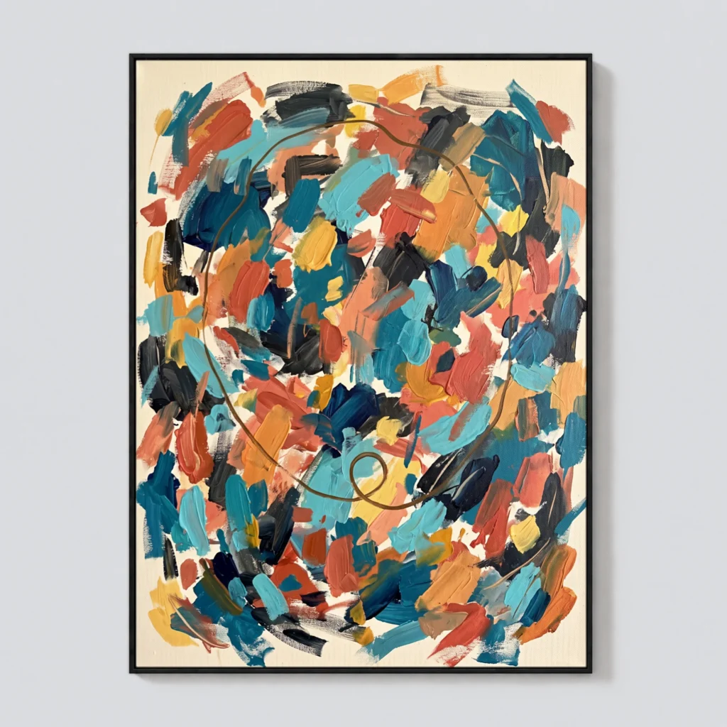 Turquoise and coral abstract oil painting with navy marks and a brown loop