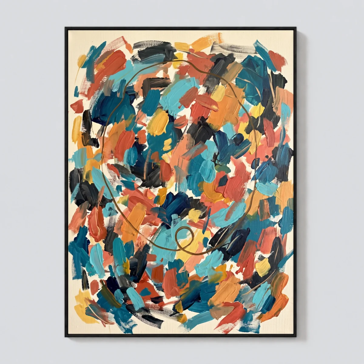 Turquoise and coral abstract oil painting with navy marks and a brown loop