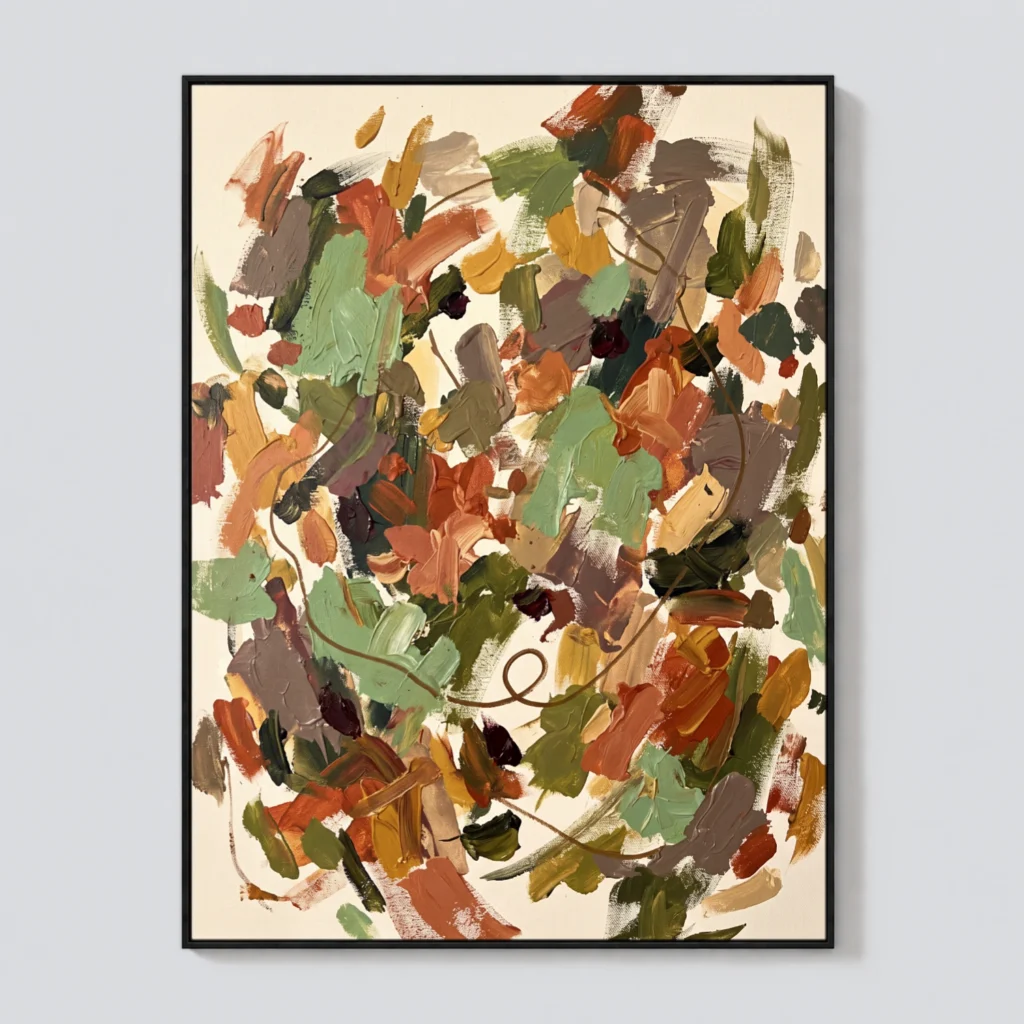 Coral and teal abstract oil painting with aqua strokes and a brown looping line