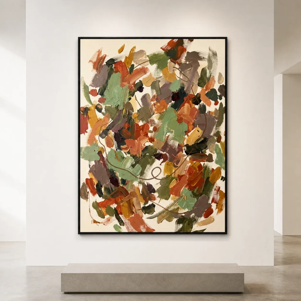Coral and teal abstract oil painting with aqua strokes and a brown looping line
