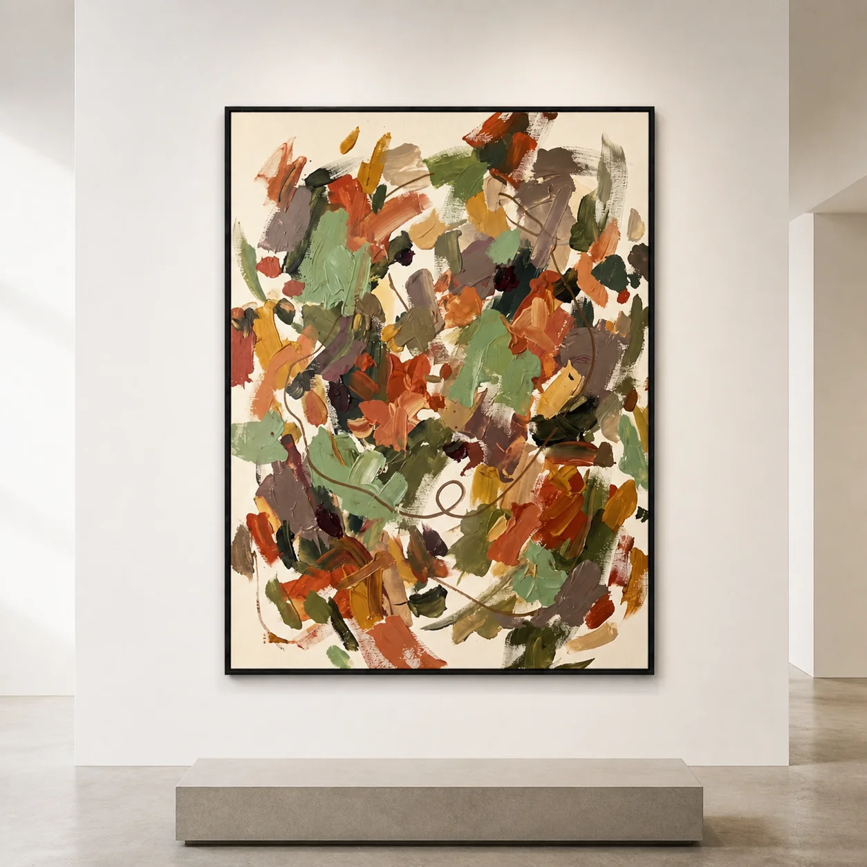 crosscurrent-coral-abstract-wall-art-scene-1 Coral and teal abstract oil painting with aqua strokes and a brown looping line