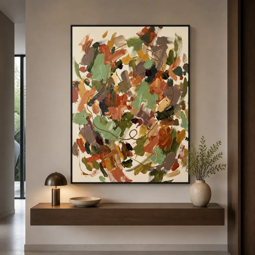 Coral and teal abstract oil painting with aqua strokes and a brown looping line