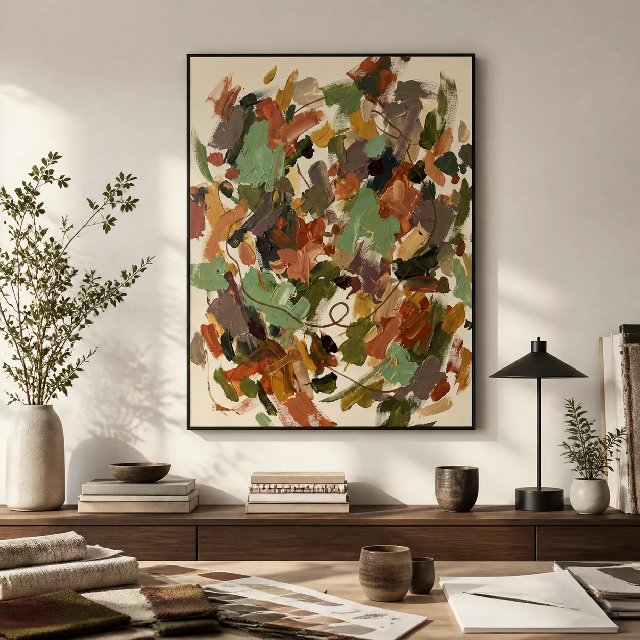 crosscurrent-coral-abstract-wall-art-scene-3 Coral and teal abstract oil painting with aqua strokes and a brown looping line