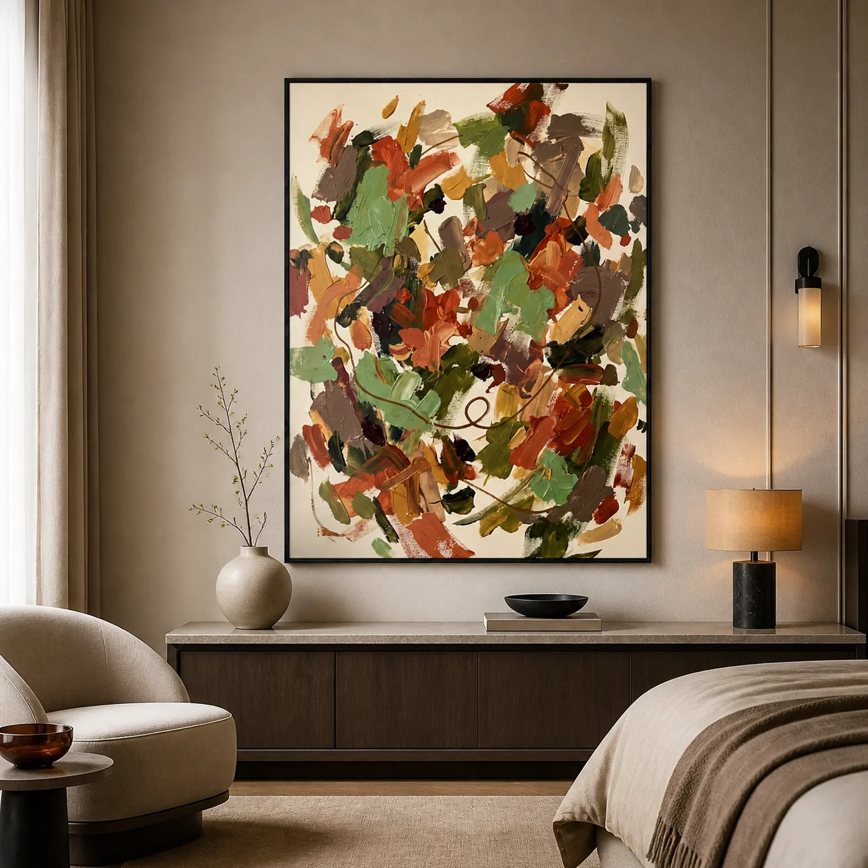 crosscurrent-coral-abstract-wall-art-scene-4 Coral and teal abstract oil painting with aqua strokes and a brown looping line