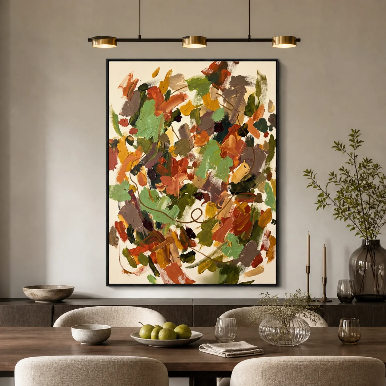 crosscurrent-coral-abstract-wall-art-scene-5 Coral and teal abstract oil painting with aqua strokes and a brown looping line
