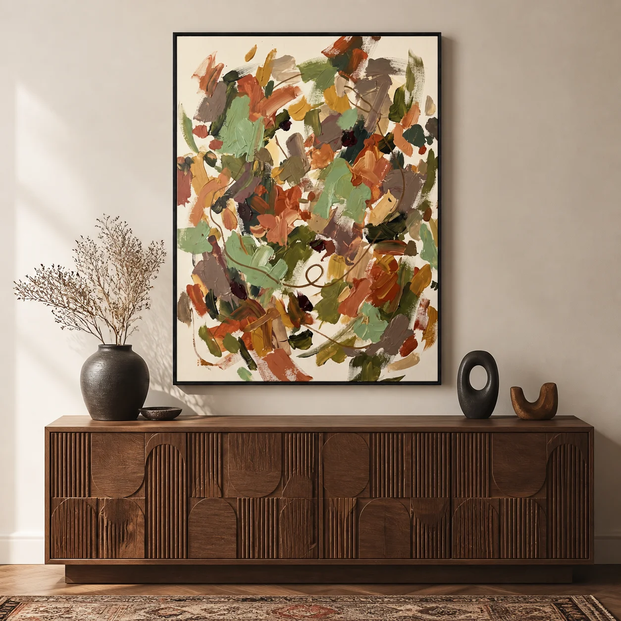 crosscurrent-coral-abstract-wall-art-scene-6 Coral and teal abstract oil painting with aqua strokes and a brown looping line