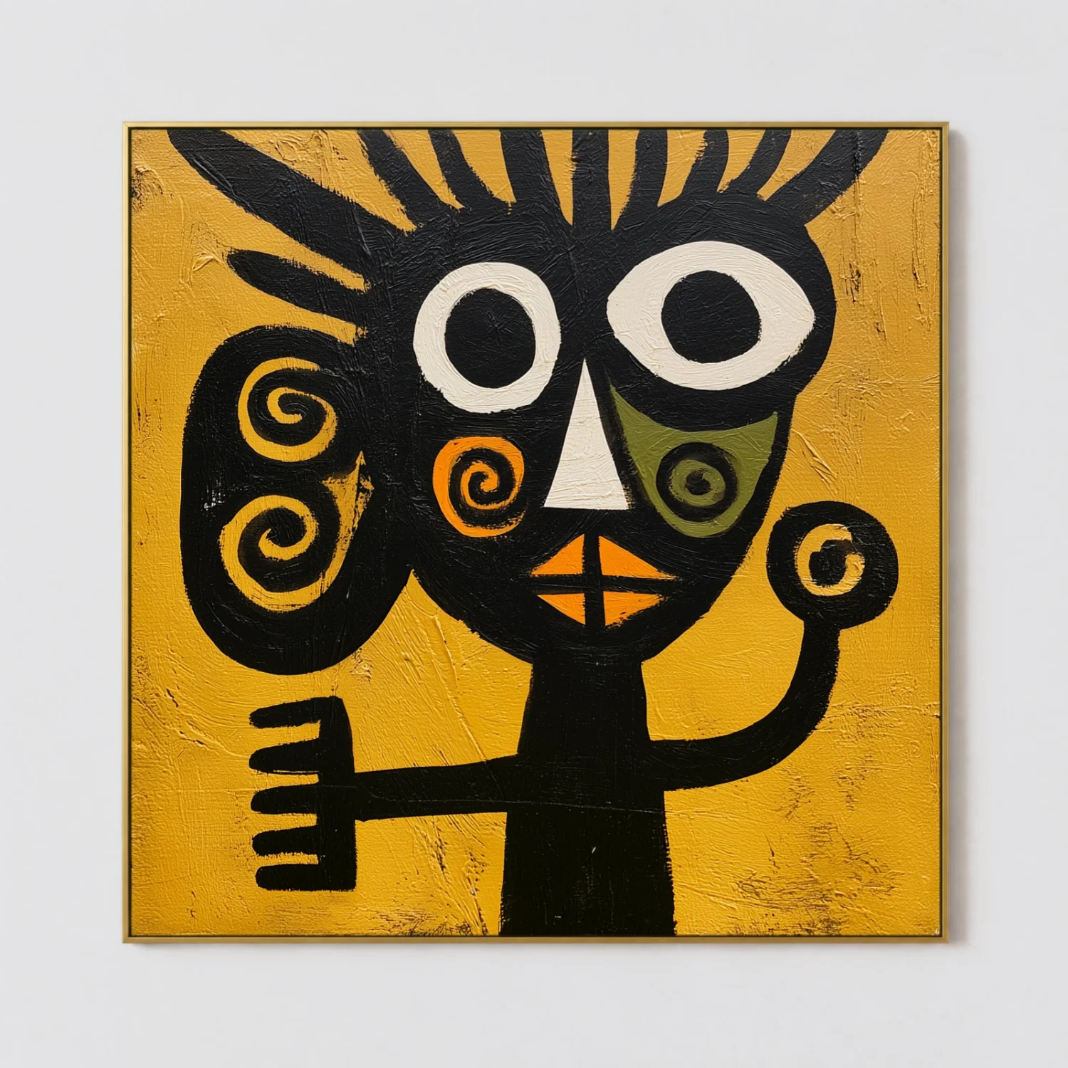 Black primitive abstract figure with radiant crown on mustard yellow canvas