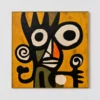 Black crowned abstract figure with ivory eyes and spiral mark on canvas